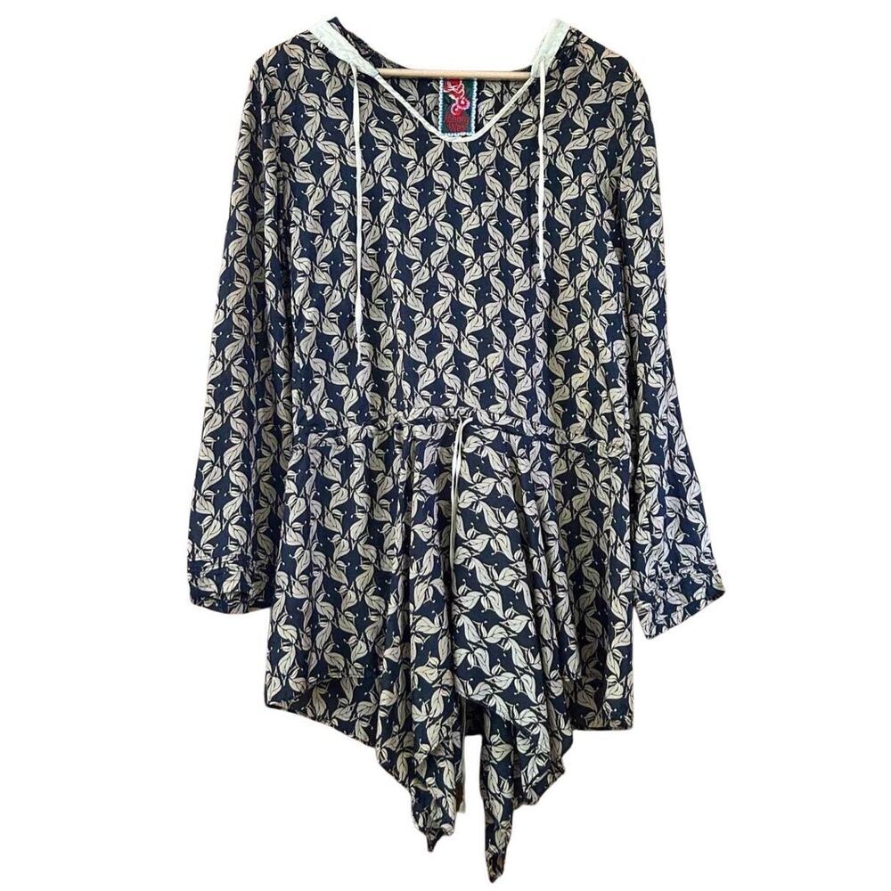 Johnny Was Womens Black Cream Dress Silk Tunic Cover Up Floral Cinch Waist Hoode